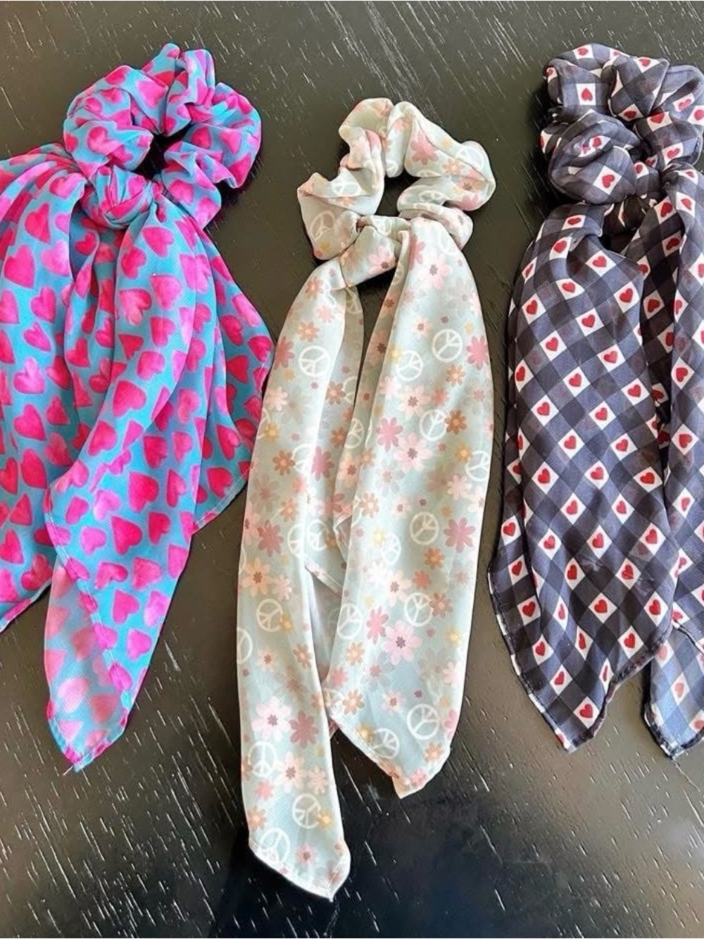 Kids Heart & Floral Scarf Scrunchie Set - Pink, Minty Blue, Black